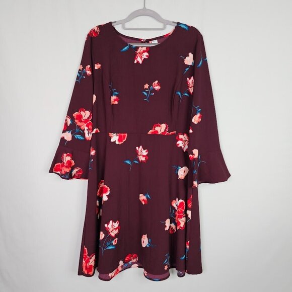 OLD NAVY Fit & Flare Dress Long Flute Sleeves BURGUNDY RED Floral size L Cute! - Picture 3 of 11